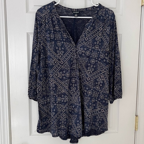 Lucky Brand Blue 3/4 Sleeve Boho Top Size 1X Spring Blouse Paisley Floral Print - Picture 2 of 8